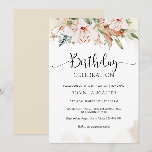 Invitación Elegante Rosa turbio y cumpleaños floral beige (Anverso / Reverso)