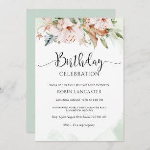 Invitación  Elegante Rosa turbio y cumpleaños floral verde