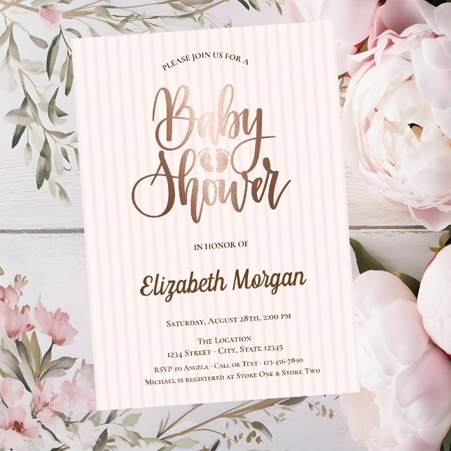 Invitación Elegante Rosa único Baby Shower con rayas de oro (Subido por el creador)