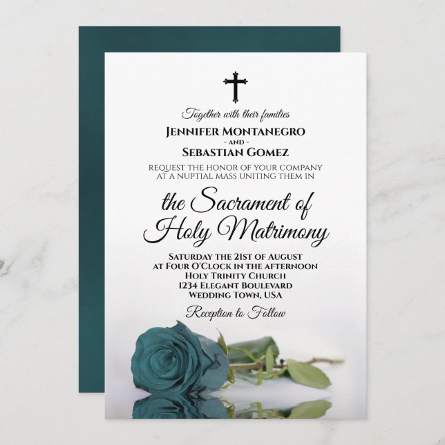 Invitación Elegante Rosa Verde azulado  Boda Católico Moderno (Anverso / Reverso)
