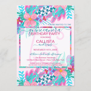 Invitación Elegante rosa Verde azulado de flores pintadas hoj