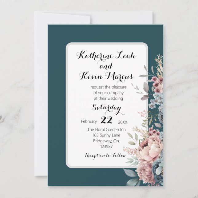 Invitación Elegante Rosa Verde azulado oscuro y turbio floral (Anverso)