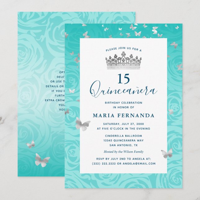 Invitación Elegante Rosa Verde azulado Plata Crown Floral Qui (Anverso / Reverso)