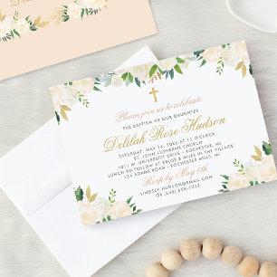 Invitación Elegante Rosa Verde Dorado Floral Bautizo Niña