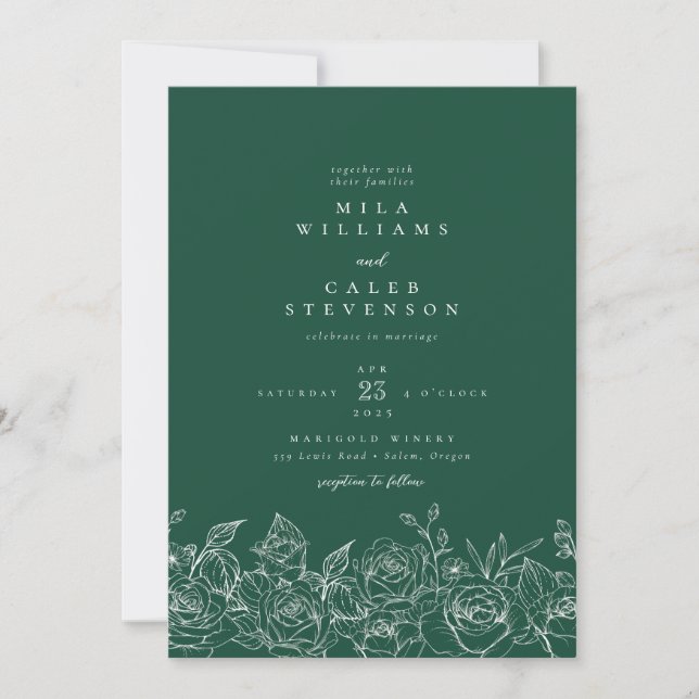 Invitación Elegante Rosa verde esmeralda Boda floral (Anverso)