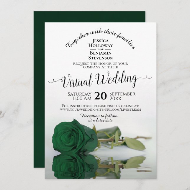 Invitación Elegante Rosa verde esmeralda Boda virtual (Anverso / Reverso)