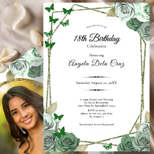 Invitación Elegante Rosa Verde Esmeralda Cumpleaños 18 Debut 
