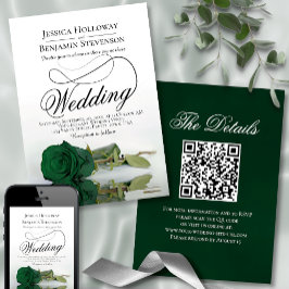 Invitación Elegante Rosa verde esmeralda Fancy QR Code Boda