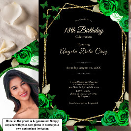 Invitación Elegante Rosa Verde Oro Negro Cumpleaños 18 Debut 