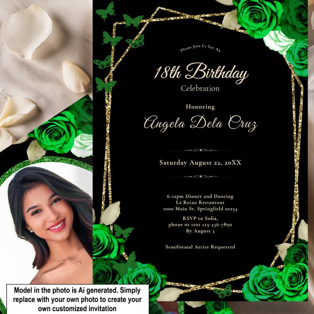 Invitación Elegante Rosa Verde Oro Negro Cumpleaños 18 Debut  (Subido por el creador)