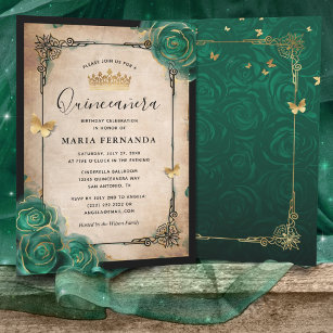 Invitación Elegante Rosa Verde Oro Negro Quinceanera