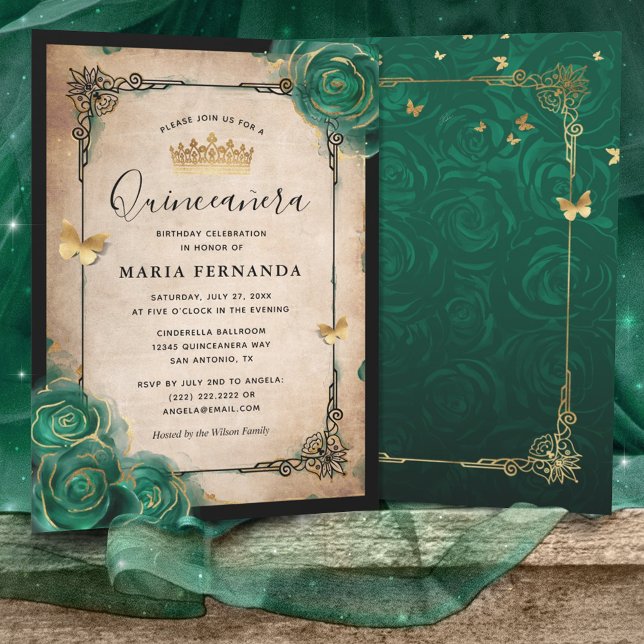 Invitación Elegante Rosa Verde Oro Negro Quinceanera (Subido por el creador)