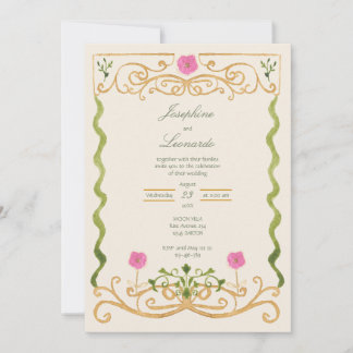 Invitación Elegante rosa verde y dorado acuarela dibujada a m