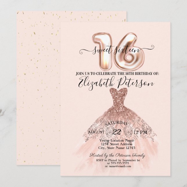 Invitación Elegante Rosa Vestido de oro Confetti Crema Dulce  (Anverso / Reverso)
