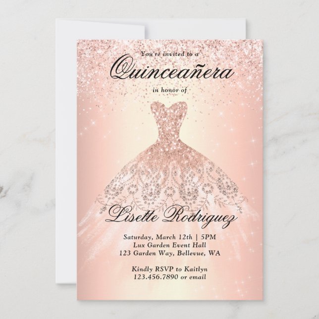 Invitación Elegante Rosa Vestido de Oro Quinceanera (Anverso)
