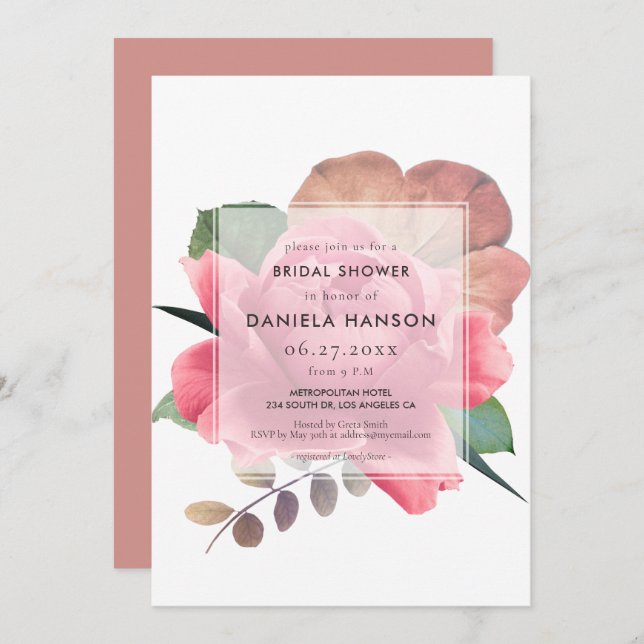 Invitación Elegante rosa vintage Ducha de novia (Anverso / Reverso)