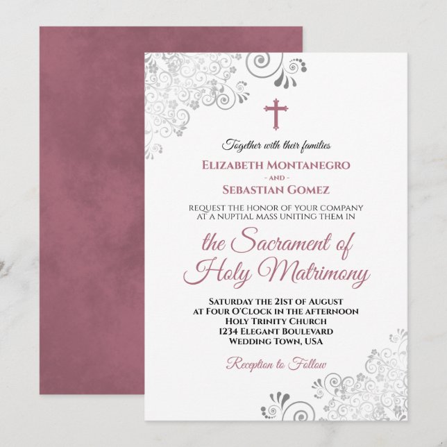 Invitación Elegante Rosa y Boda católico Gris moderno (Anverso / Reverso)