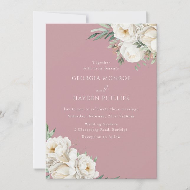 Invitación Elegante Rosa y Boda floral blanco (Anverso)