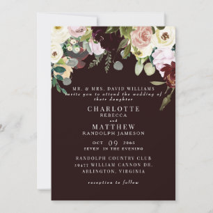 Invitación Elegante Rosa y Boda floral borgoñona
