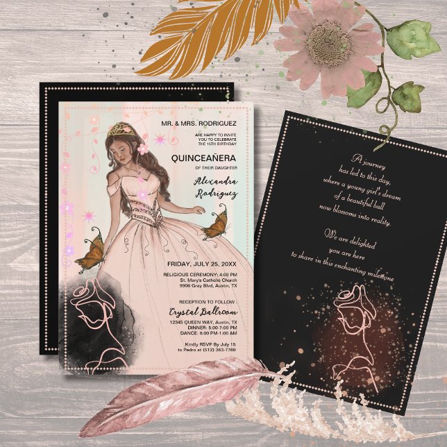 Invitación Elegante Rosa y mariposa Pink Black Quinceañera (Elegant Rose & Butterfly Pink Black Quinceañera Invitation)