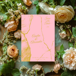 Invitación Elegante Rosa y Mármol Dorado para Salvar la Fecha