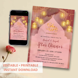 Invitación Elegante rosa y vino tinta dorada Iftar