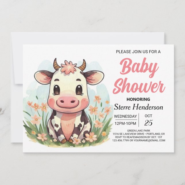 Invitación Elegante rosado Boho Cow Baby Shower (Anverso)
