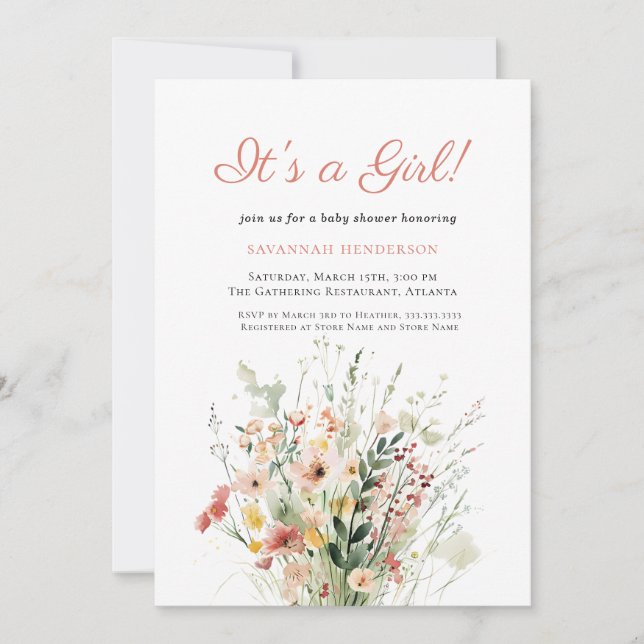Invitación Elegante rosado de flor salvaje Es una ducha Chica (Anverso)