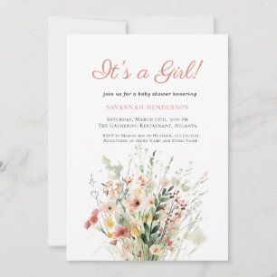 Invitación Elegante rosado de flor salvaje Es una ducha Chica