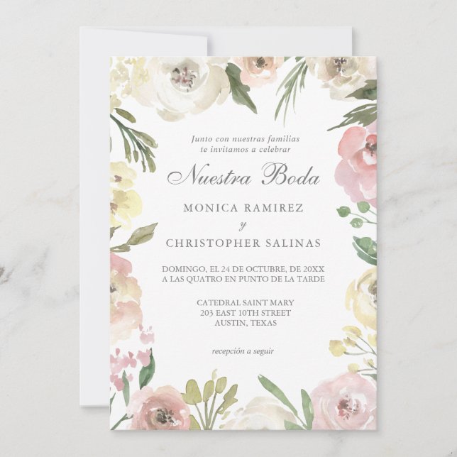 Invitación Elegante Rosado Flores Boda Boda español (Anverso)