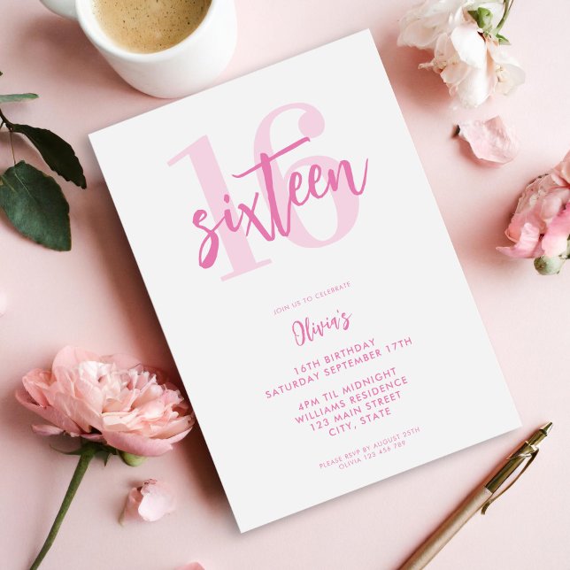 Invitación Elegante rosado moderno 16º cumpleaños (Subido por el creador)