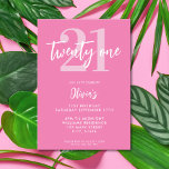 Invitación Elegante rosado moderno cumpleaños 21<br><div class="desc">Una invitación moderna de 21 años con una tipografía caligráfica elegante y un diseño minimalista de color rosa y blanco.</div>