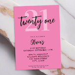 Invitación Elegante rosado moderno cumpleaños 21<br><div class="desc">Una invitación moderna de 21 años con una tipografía caligráfica elegante y un diseño minimalista de color rosa y negro.</div>