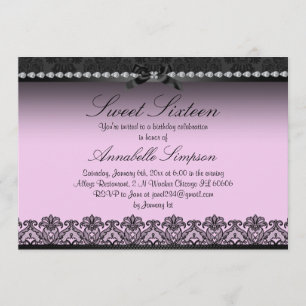 Invitación Elegante rosado y negro dulce de encaje dieciséis
