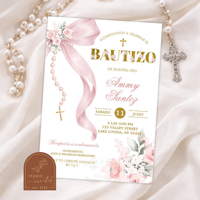 Invitación Elegante Rosario Coquette de Lazo Rosa Beige Bauti (Subido por el creador)