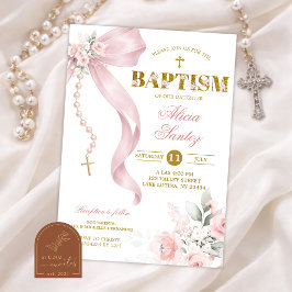 Invitación Elegante Rosario Coquette de Rosa Tinte Bautizo