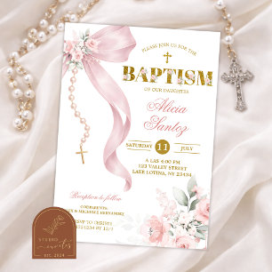 Invitación Elegante Rosario Coquette de Rosa Tinte Bautizo