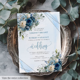 Invitación Elegante Rosas azul oscuro Boda de marco plateado