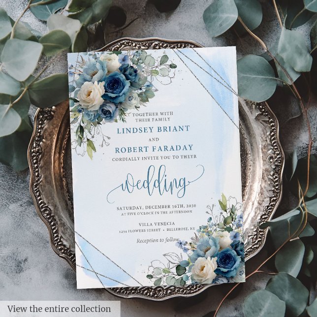 Invitación Elegante Rosas azul oscuro Boda de marco plateado (Elegant Dark Blue Roses Silver Frame Wedding Invite)