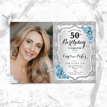 Invitación Elegante Rosas azul turbio y claro foto 50 cumplea<br><div class="desc">Elegante invitación de 50 años floral femenina con tu foto. Diseño de vidrio con falsa plata purpurina. Cuenta con rayas, rosas polvorientos azul claro, fuente de guiones y confeti. Perfecto para un elegante fiesta de celebración de cumpleaños. Personaliza con tus propios detalles. ¡Se puede personalizar para cualquier edad! Invitaciones Zazzle...</div>