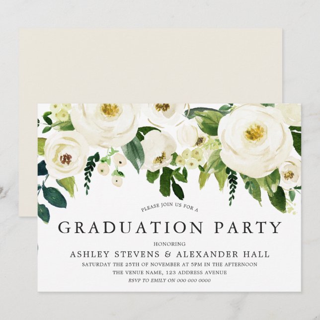Invitación Elegante Rosas Blancas Hermosa Fiesta de Graduació (Anverso / Reverso)