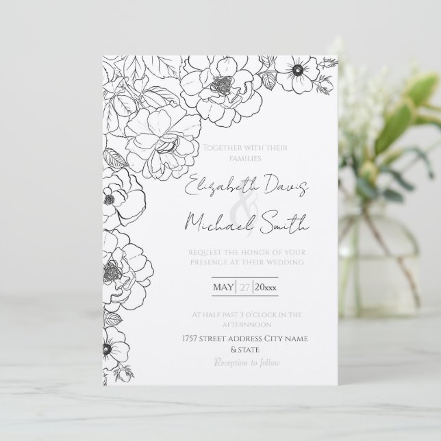 Invitación Elegante Rosas blancos negros Línea de arte Floral (Anverso de pie)