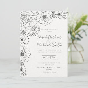 Invitación Elegante Rosas blancos negros Línea de arte Floral