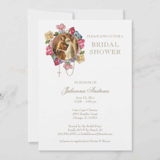 Invitación Elegante Rosas católicos de ducha de novia Rosary (Anverso)