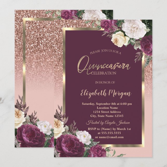 Invitación Elegante Rosas de armazón dorado de Borgoña Quince (Anverso / Reverso)