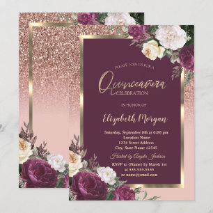 Invitación Elegante Rosas de armazón dorado de Borgoña Quince
