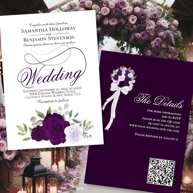 Invitación Elegante Rosas de Boho morado Boda de código QR fl (Front/Back)