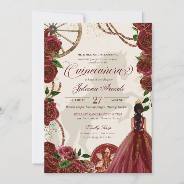 Invitación Elegante Rosas de Charro Borgoña Quinceanera Occid (Anverso)