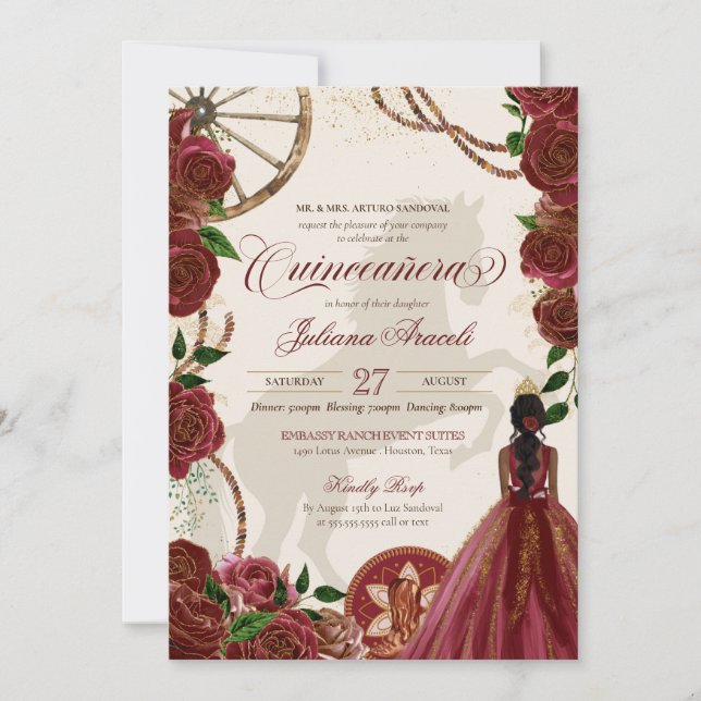 Invitación Elegante Rosas de Charro Borgoña Quinceanera Occid (Anverso)