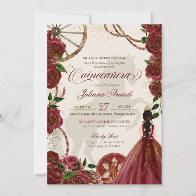 Invitación Elegante Rosas de Charro Borgoña Quinceanera Occid (Anverso)